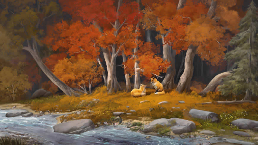 森林 溪流 两只狐狸 插画高清壁纸图片 3840x2160