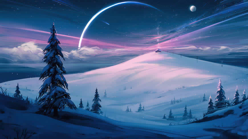雪景 星空 行星 风景插画高清壁纸图片 3840x2160