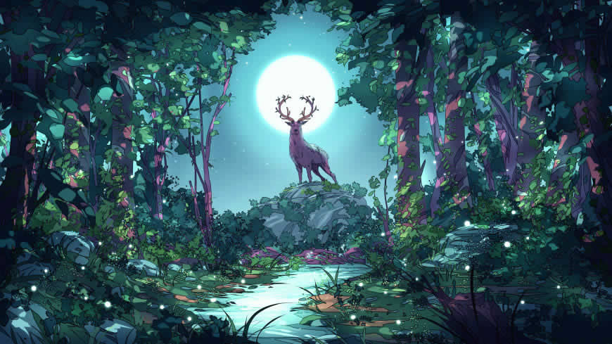 月亮 森林 鹿 风景插画高清壁纸图片 3840x2160
