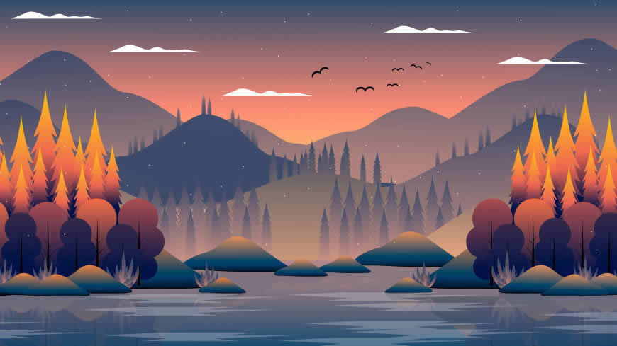 湖泊 山脉 艺术 风景插画高清壁纸图片 5120x2880