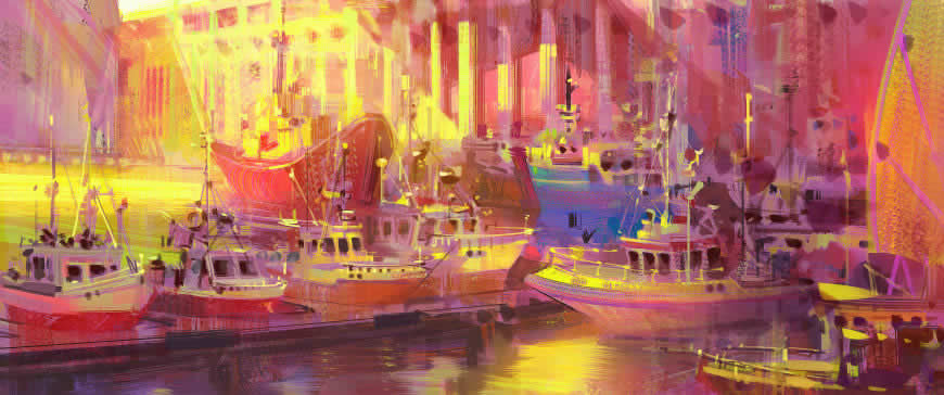 帆船 船只 印象派 油画 艺术高清壁纸图片 3440x1440