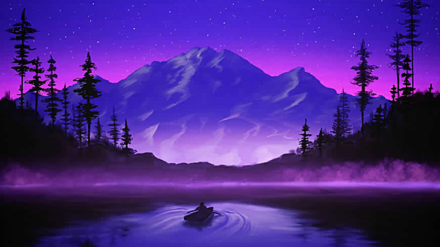 星空 山 湖泊 划船 风景插画高清壁纸图片 5120x2880