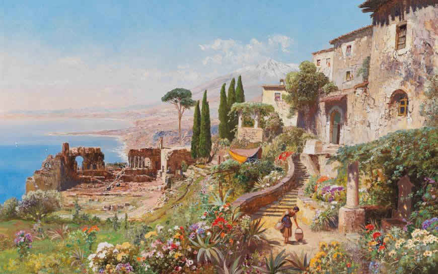 陶尔米纳希腊剧场风景油画高清壁纸图片 3840x2400