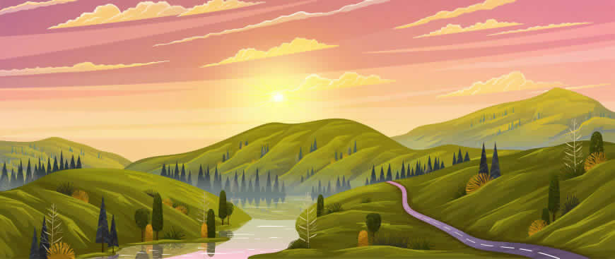 绿色 山脉 河流 风景插画高清壁纸图片 5120x2160