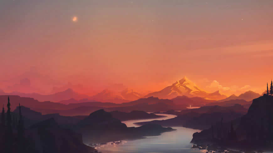 日落 黄昏 山脉 湖泊 风景插画高清壁纸图片 5120x2880