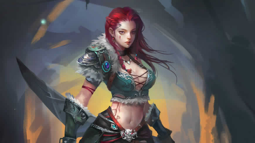 幻想红发女战士插画高清壁纸图片 2560x1440