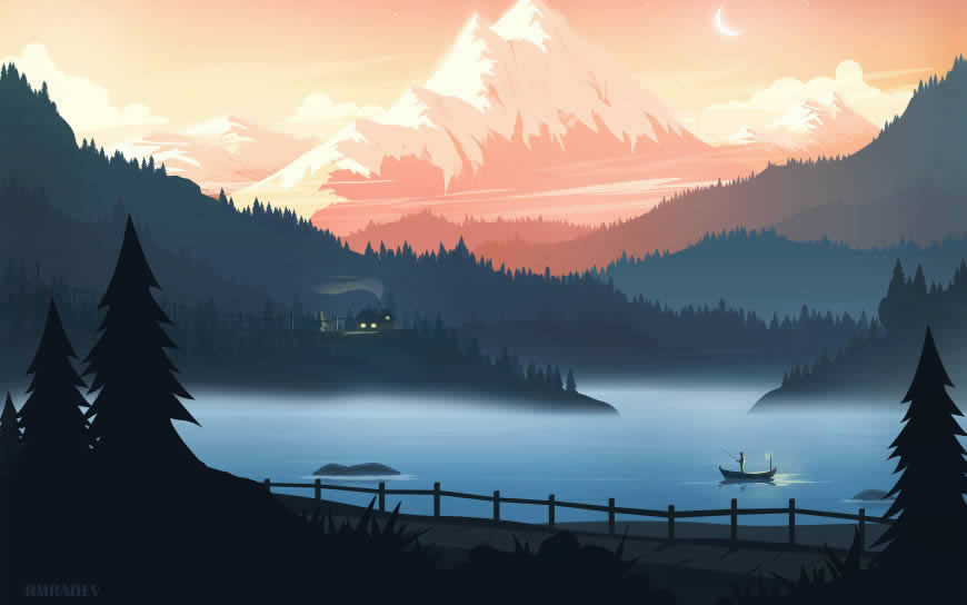 美丽的山水夜晚风景插画高清壁纸图片 3840x2400