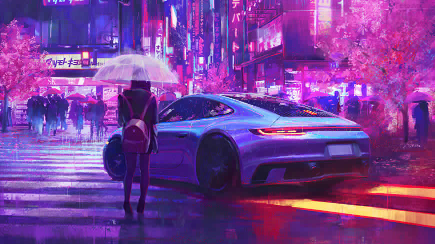 夜晚下雨街头的汽车和行人插画高清壁纸图片 3840x2160