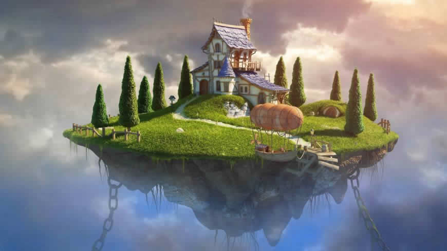 幻想天空中的房子插画高清壁纸图片 1920x1080
