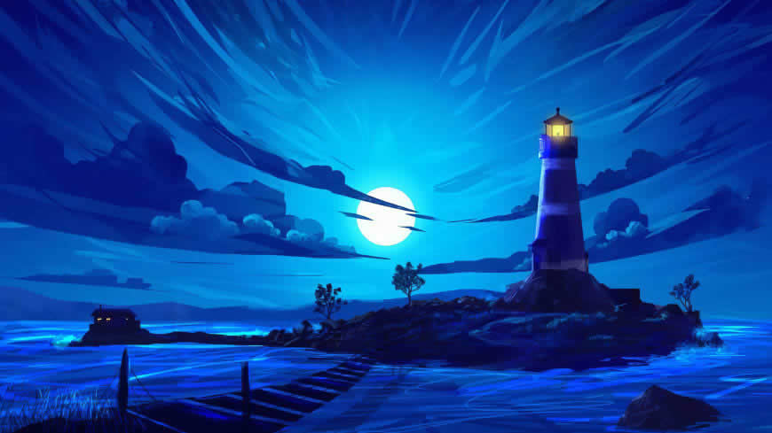蓝色夜空下的灯塔插画高清壁纸图片 3840x2160