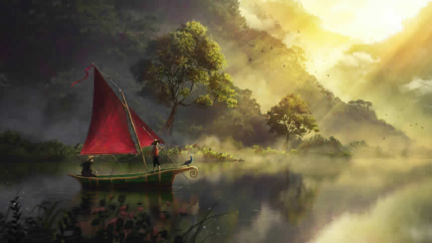 泛舟湖面的渔夫风景插画高清壁纸图片 2560x1440