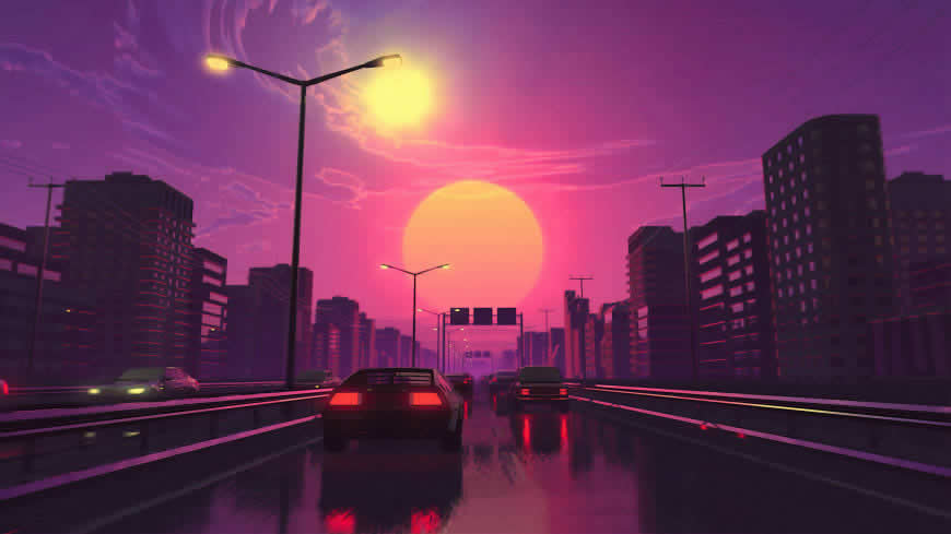 城市日落插画高清壁纸图片 3840x2160
