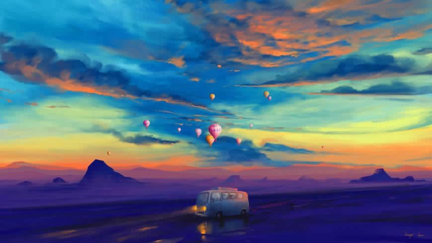 日落 面包车 热气球 风景插画高清壁纸图片 1920x1080