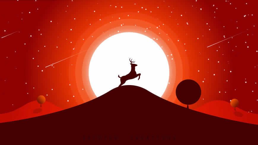山顶的小鹿 日落插画高清壁纸图片 3840x2160