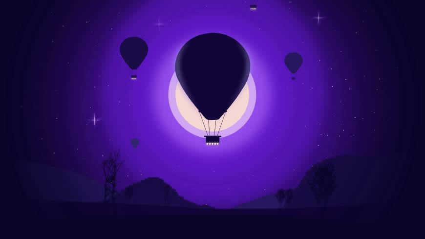 夜晚 月亮 热气球 插画艺术高清壁纸图片 2560x1440