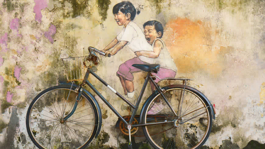 孩子们骑自行车涂鸦艺术高清壁纸图片 3840x2160
