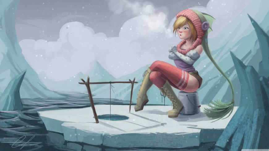 坐在冰块上钓鱼的妹子插画高清壁纸图片 3840x2160