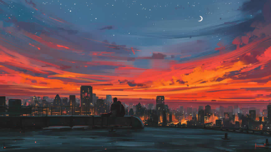 城市夕阳景色插画高清壁纸图片 1920x1080