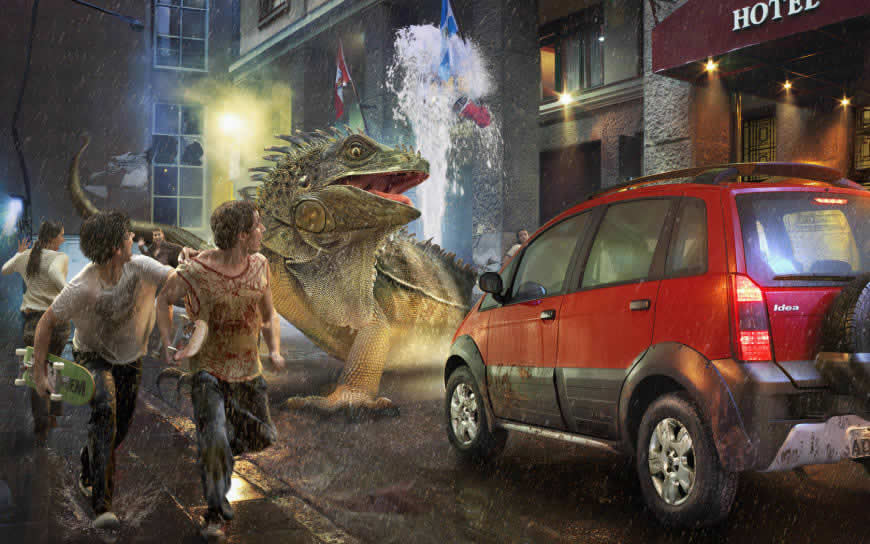 城市中的巨大蜥蜴插画高清壁纸图片 1680x1050