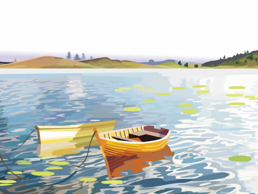 唯美湖中小船插画高清壁纸图片 1600x1200