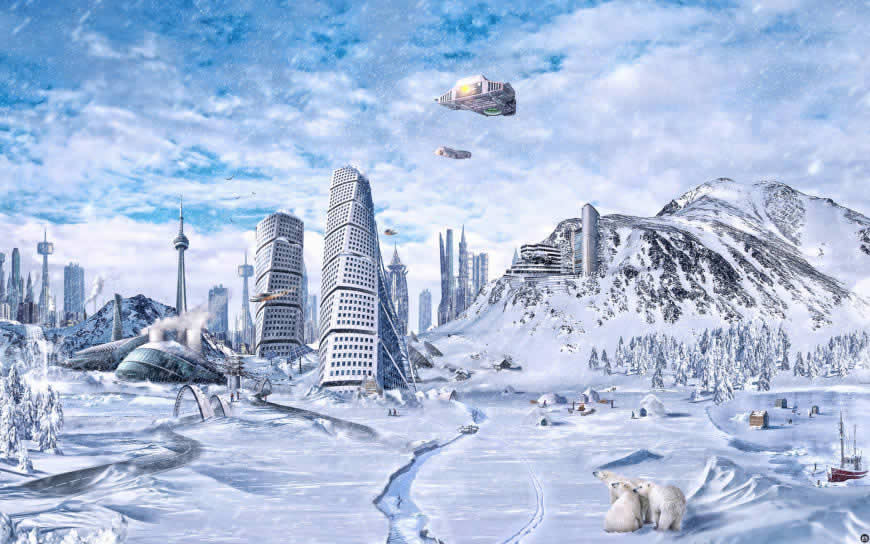 城市雪景插画高清壁纸图片 1920x1200