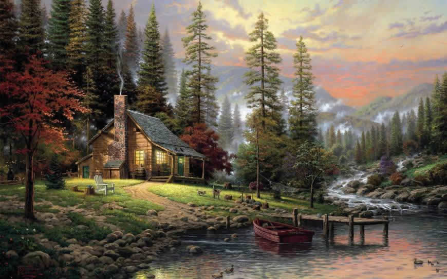 森林里的溪流小屋插画高清壁纸图片 2560x1600