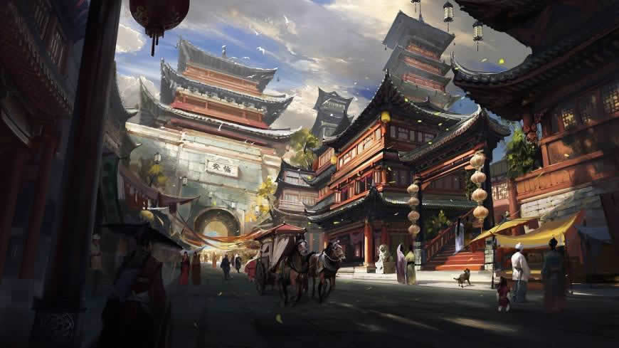 南宋临安中国风插画高清壁纸图片 1920x1080