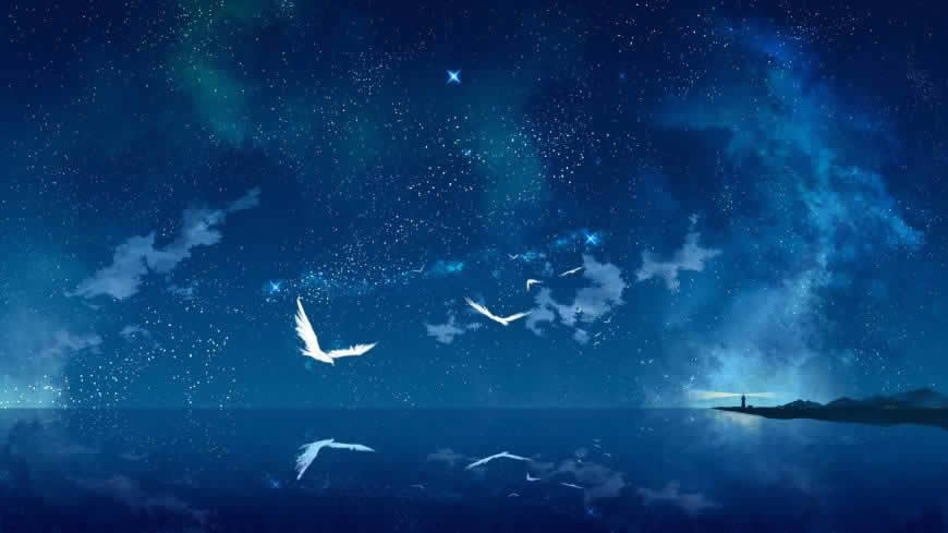 大海上空飞翔的海鸟幻想插画高清壁纸图片 1920x1080
