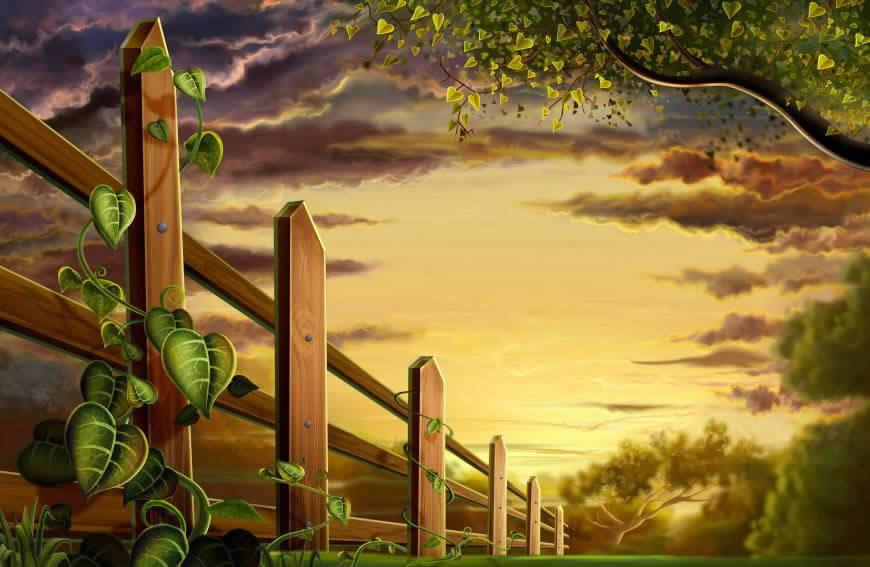 黄昏篱笆插画高清壁纸图片 2400x1565