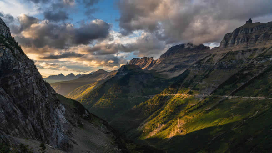 夕阳 山脉 高山 山谷高清壁纸图片 5120x2880