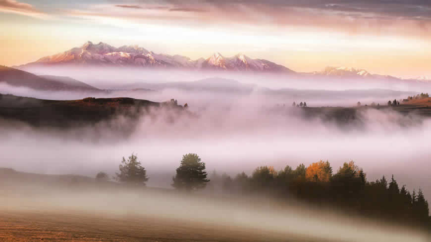 早晨 阳光 雾 山脉高清壁纸图片 1920x1080