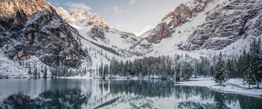 雪景 山 湖泊高清壁纸图片 3440x1440