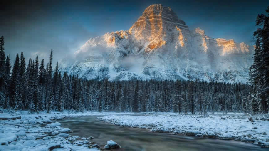 河流 森林 雪景 高山 阳光高清壁纸图片 1920x1080