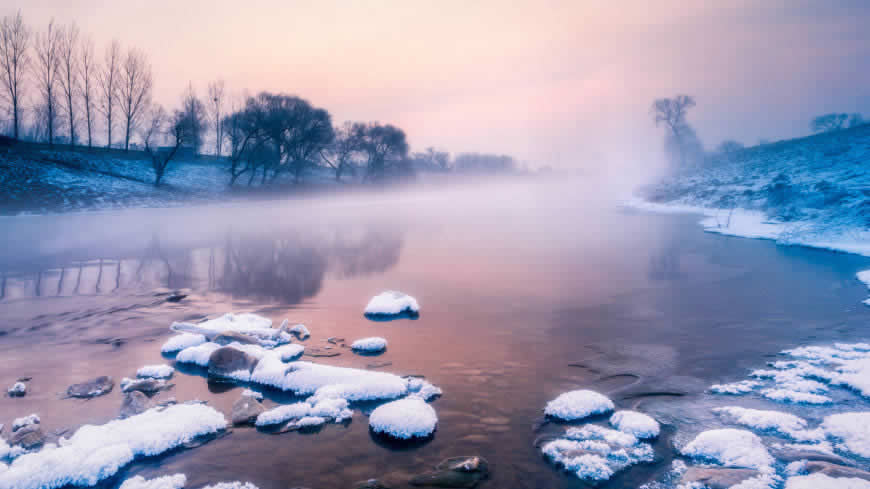 河流 雪 雾高清壁纸图片 5120x2880