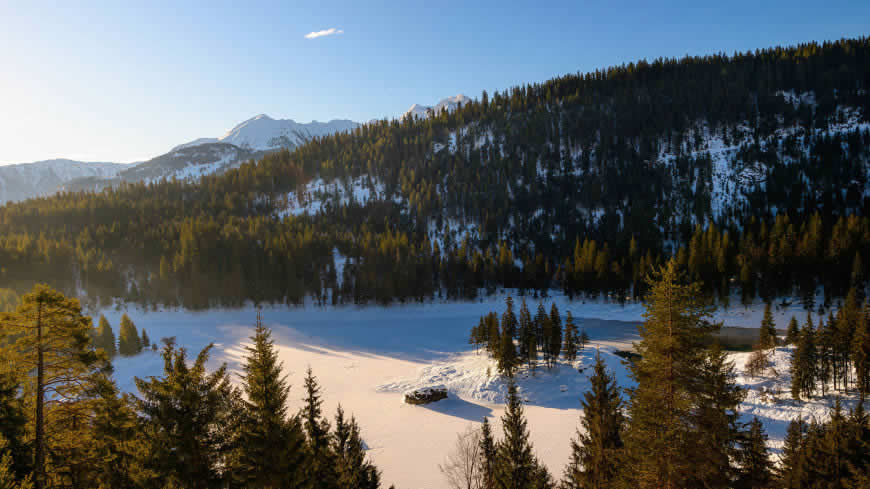 瑞士 考马湖 森林 阳光 雪景高清壁纸图片 3840x2160