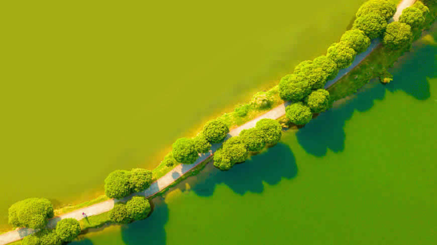 绿色的湖面和道路航拍高清壁纸图片 2560x1440
