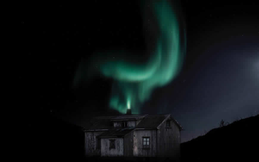 夜晚屋顶的北极光高清壁纸图片 3840x2400