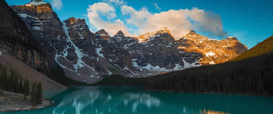 加拿大班夫国家公园梦莲湖日出高清壁纸图片 3440x1440