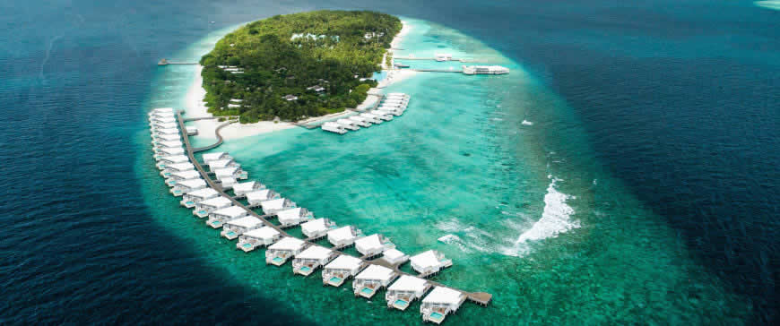 马尔代夫岛度假村鸟瞰图高清壁纸图片 3440x1440
