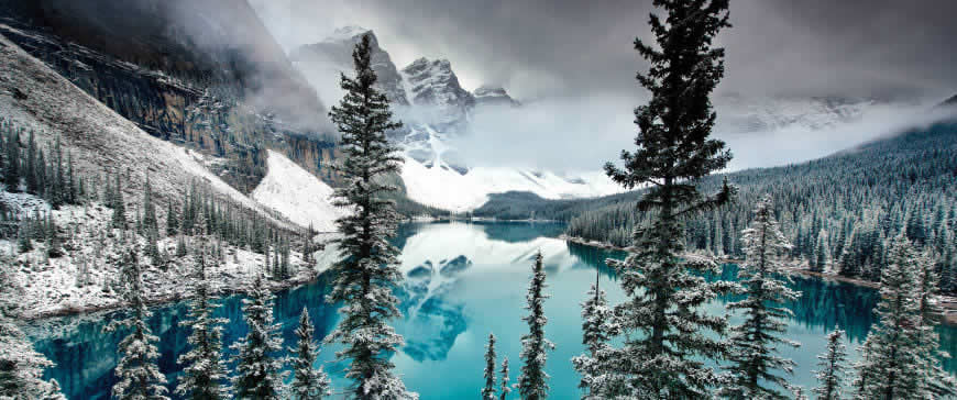 加拿大班夫国家公园梦莲湖冬天雪景高清壁纸图片 3440x1440