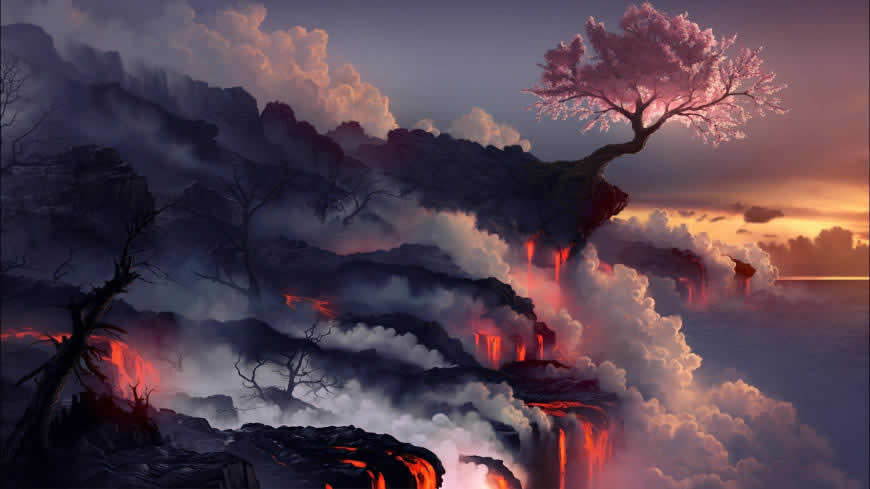 美丽梦幻的火山熔岩樱花风景高清壁纸图片 1920x1080