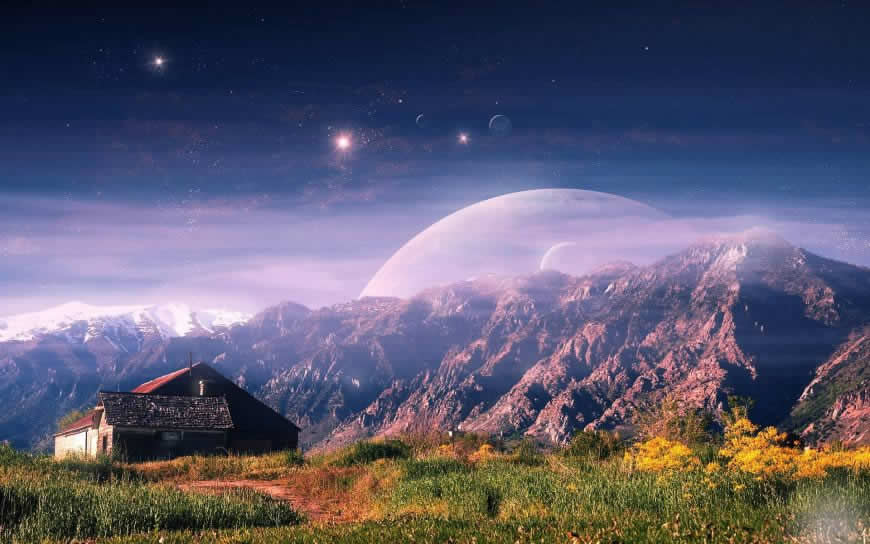 山上的小屋与山边的行星高清壁纸图片 1920x1200
