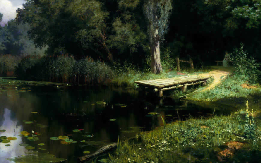 绿色树林荷叶池塘风景高清壁纸图片 1680x1050