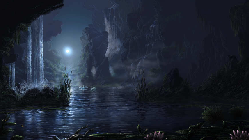 静谧森林里的水与月高清壁纸图片 1920x1080
