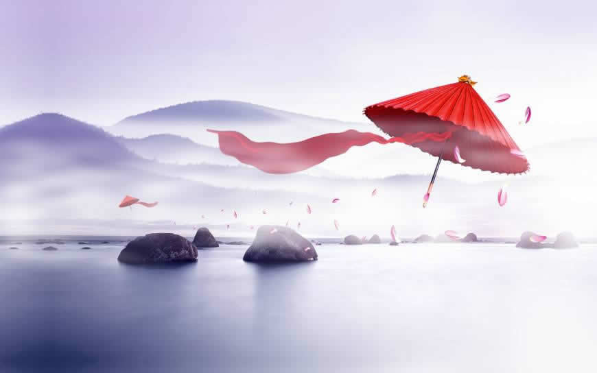 中国风 飘在空中的红伞高清壁纸图片 1920x1200