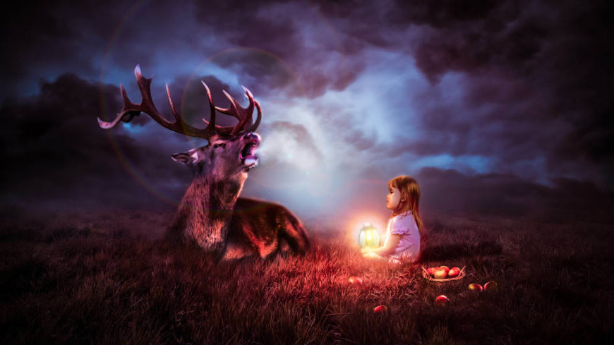 夜晚和鹿在一起的灯笼小女孩高清壁纸图片 7680x4320