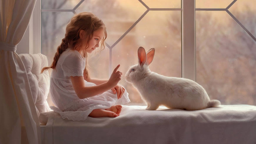 小女孩和兔子高清壁纸图片 1920x1080