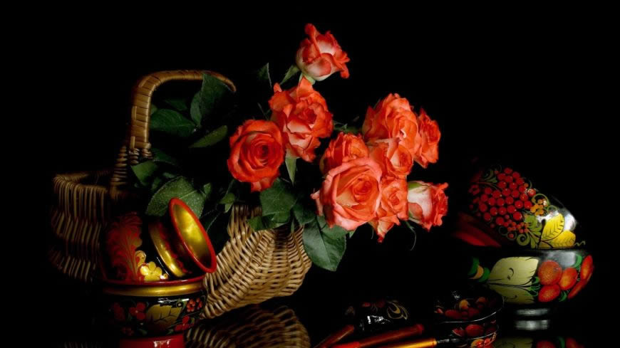 篮子里的玫瑰花束高清壁纸图片 1920x1080