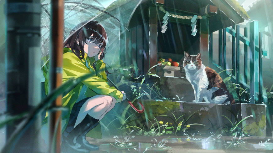 雨中的动漫女孩和猫咪高清壁纸图片 3840x2160