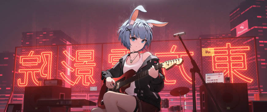 弹吉他的动漫女孩 兔女郎高清壁纸图片 5120x2160